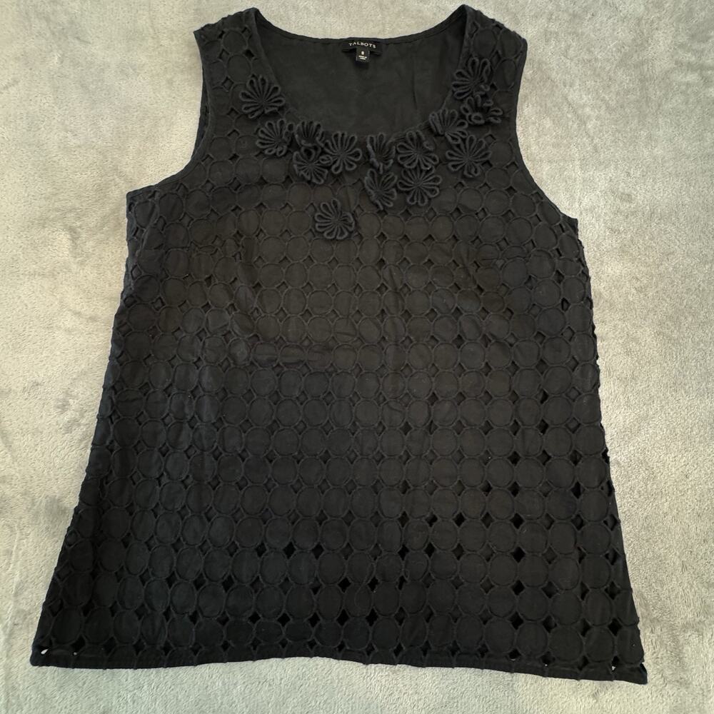 Talbots Womens Black Eyelet Floral Tank Zip Side Top Size 8 Career Women’s